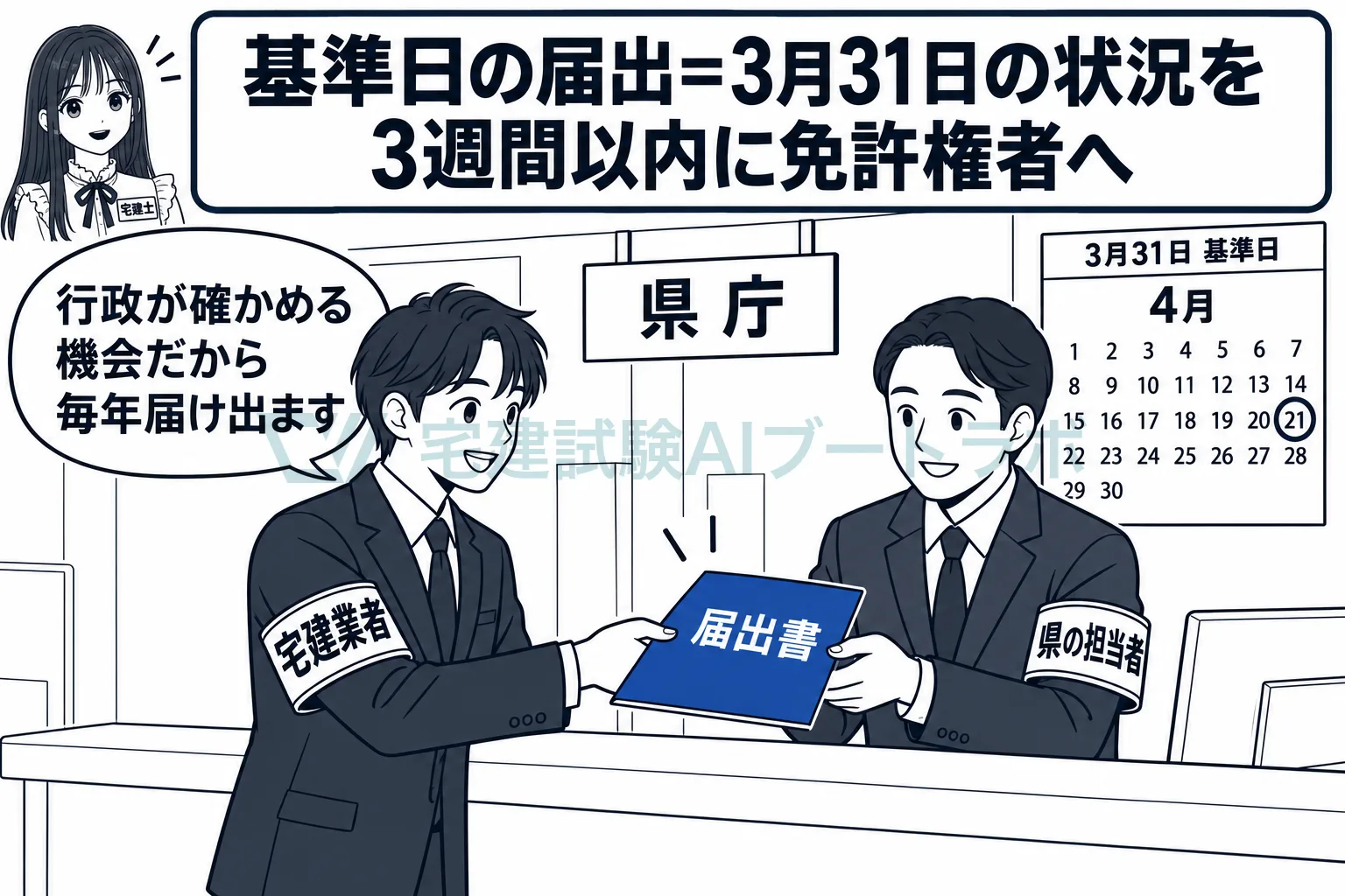 毎年3月31日の状況を、3週間以内に免許権者へ届け出る。