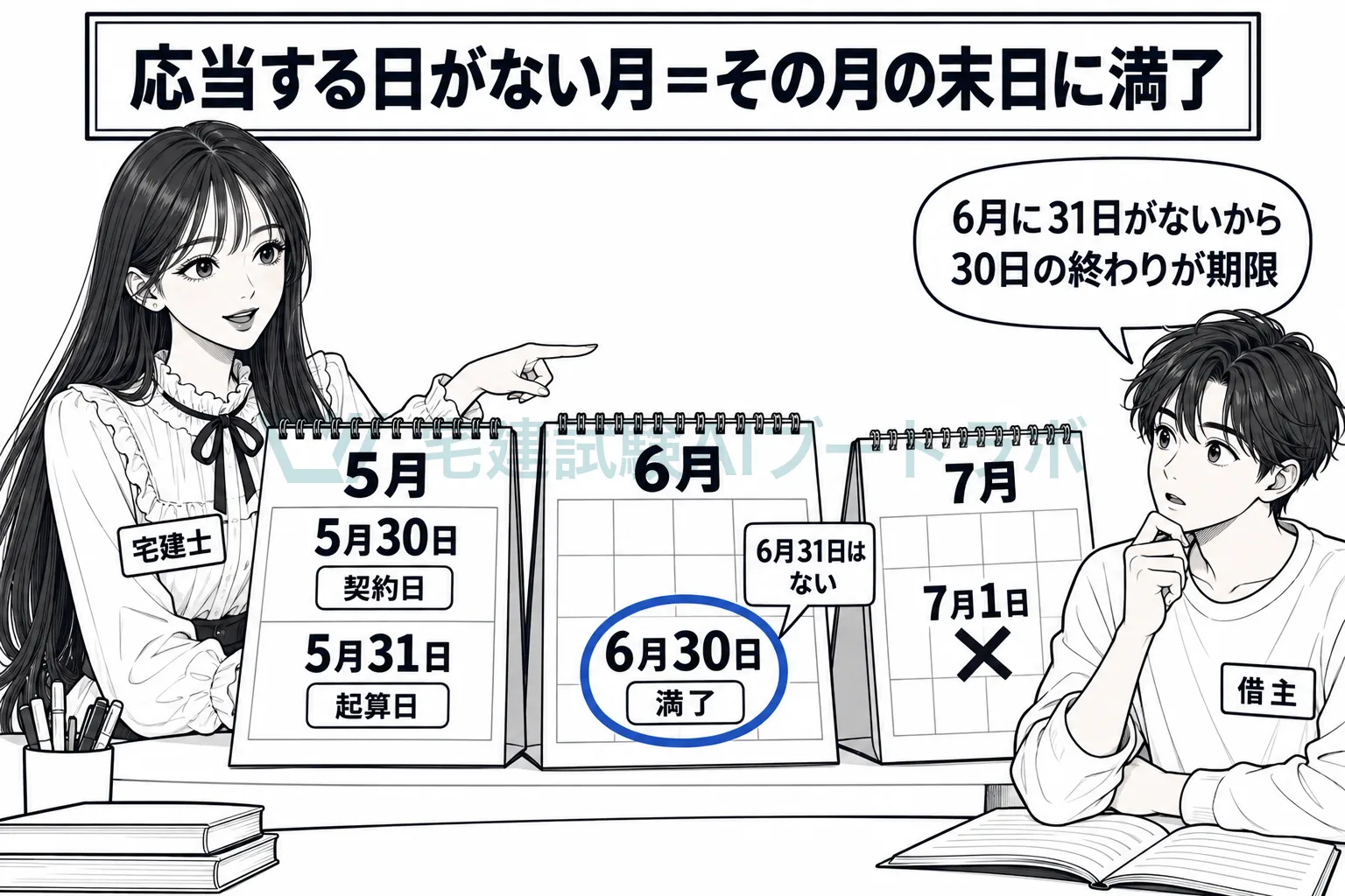 5月30日に1か月と決めれば、6月30日の終わりに満了する。