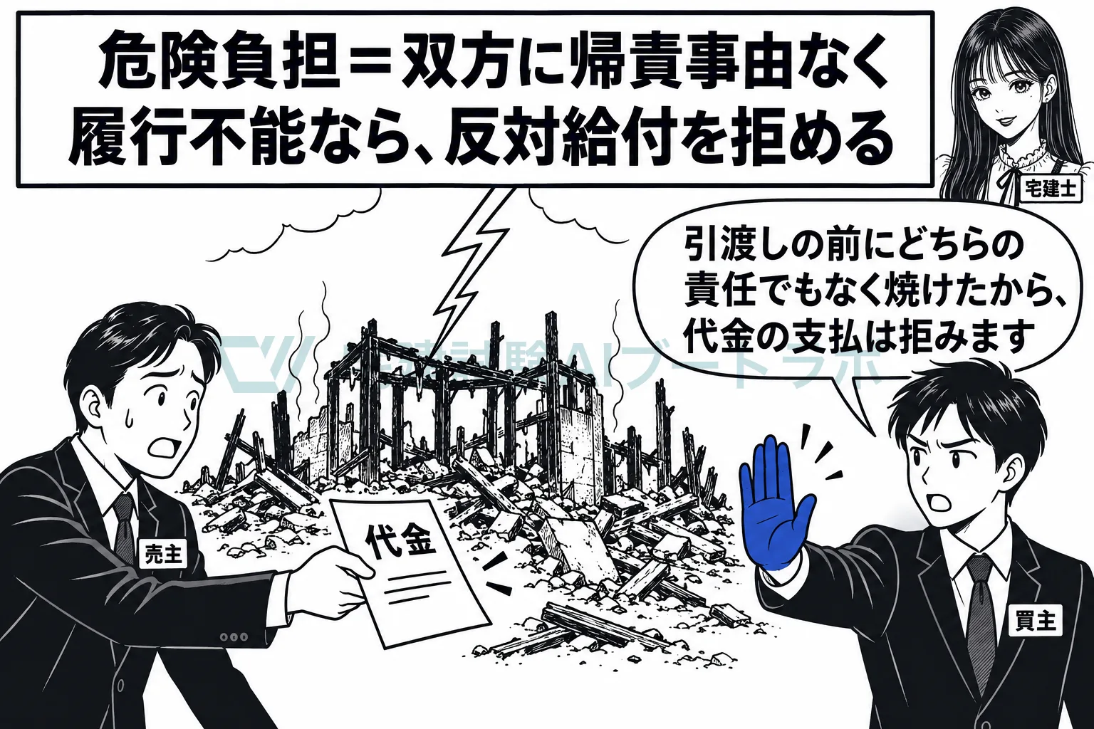 引渡し前にどちらの責任でもなく焼失したら、買主は代金の支払を拒める。