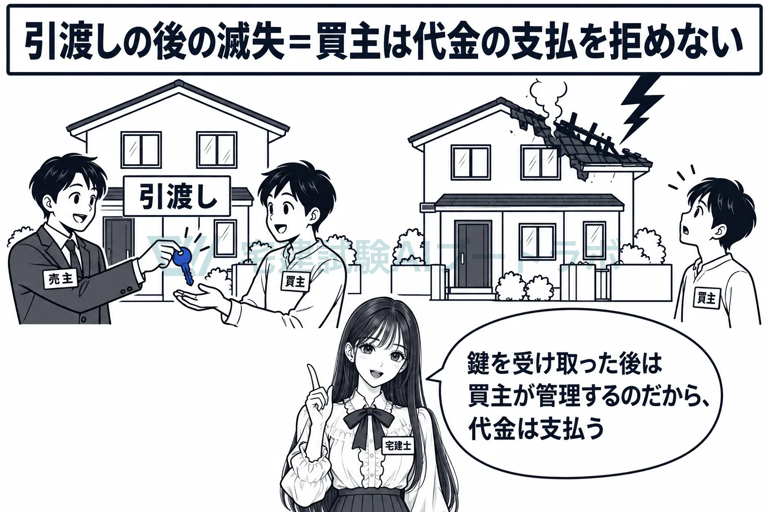 引渡しを受けた後の滅失は、買主が危険を負い、代金を支払う。