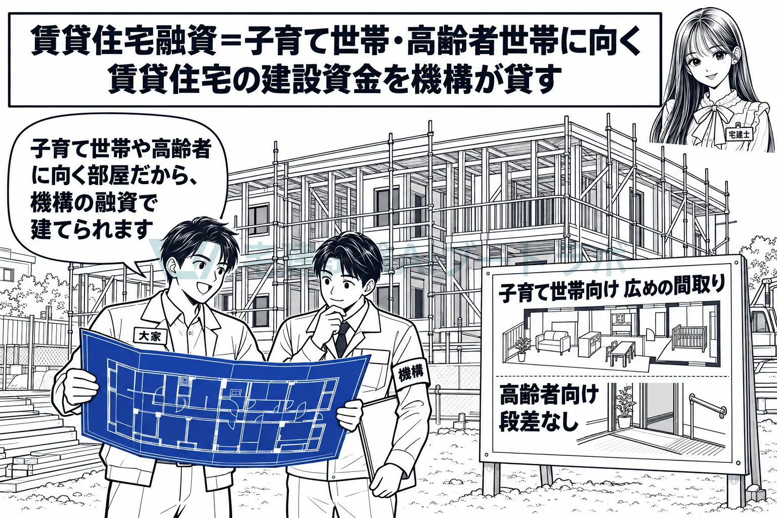 子育て世帯や高齢者に向く賃貸住宅を建てる資金は、機構が自ら貸す。