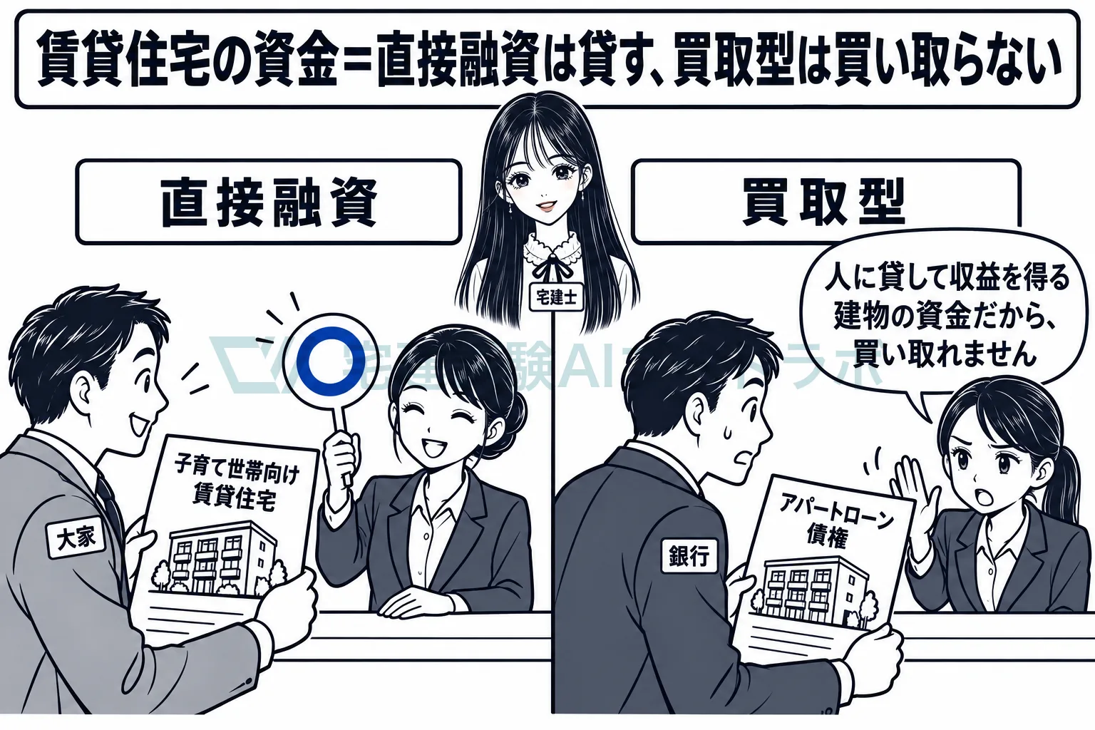 賃貸住宅の資金は、直接融資では貸すが、買取型では買い取らない。