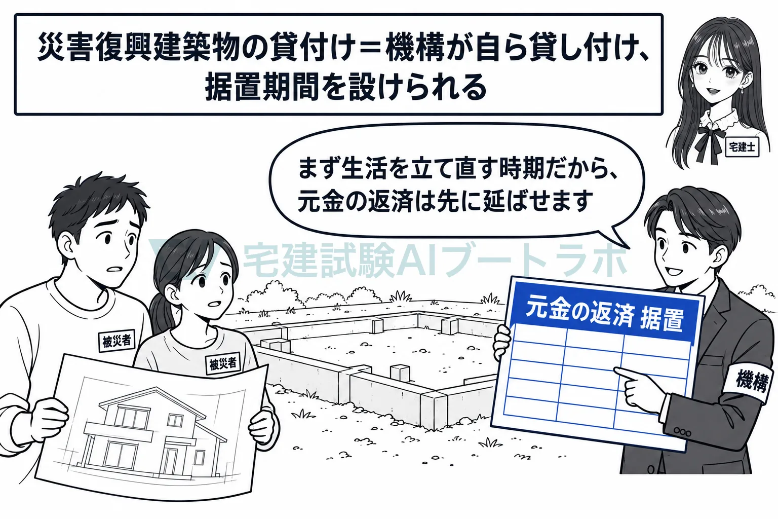 災害で家を失った人には、機構が自ら建て直しの資金を貸す。