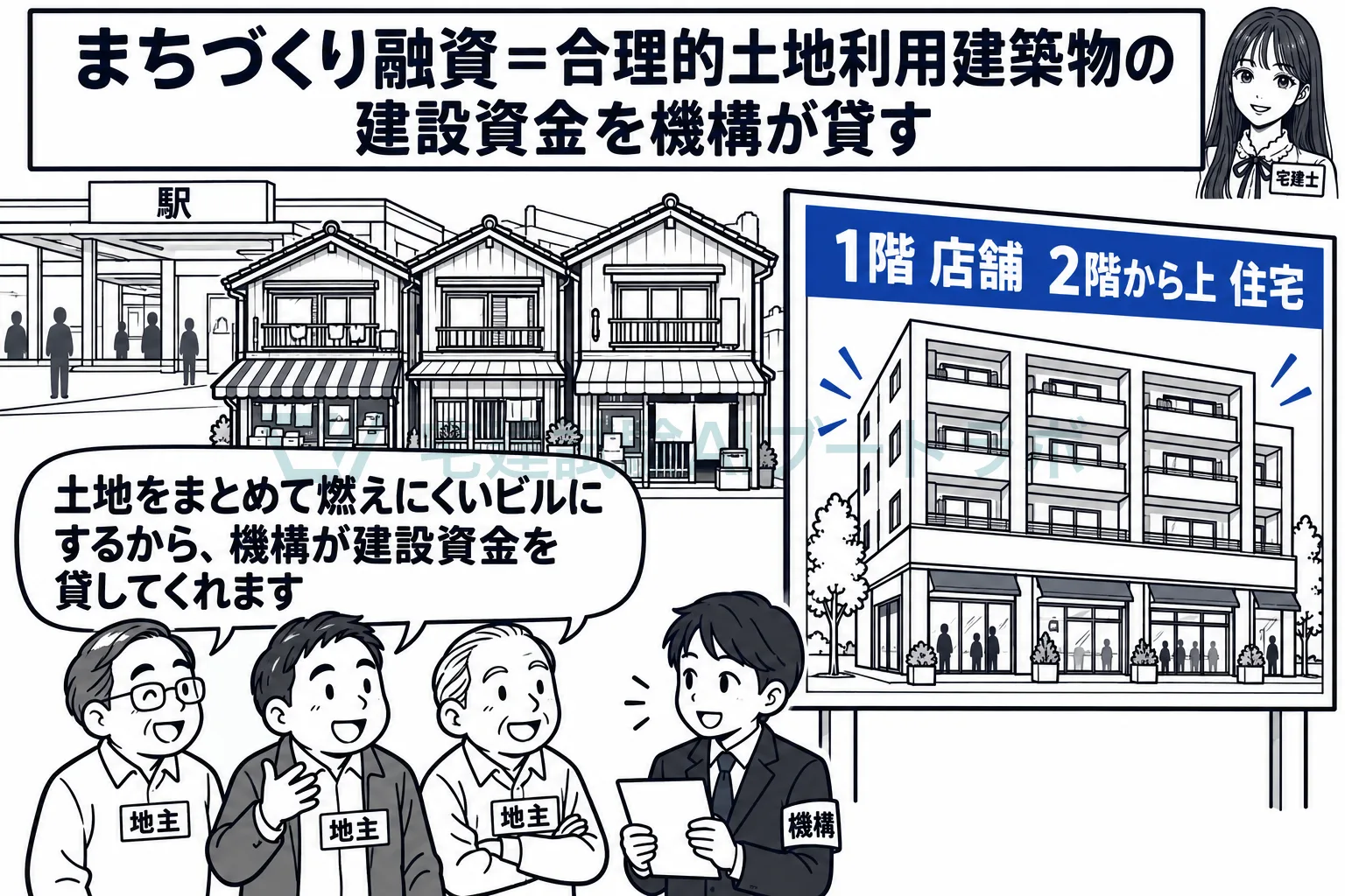小さな敷地をまとめて建て替える共同住宅の資金を、機構が自ら貸す。