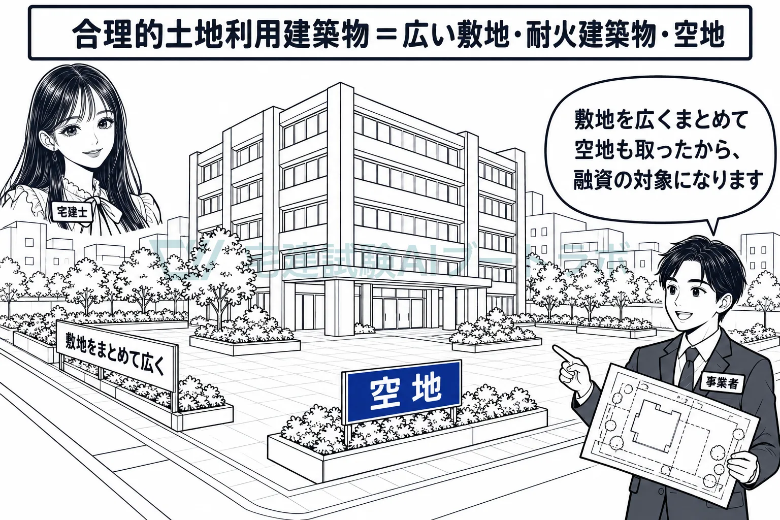 敷地が広く、燃えにくく、空地を取った建物が合理的土地利用建築物。