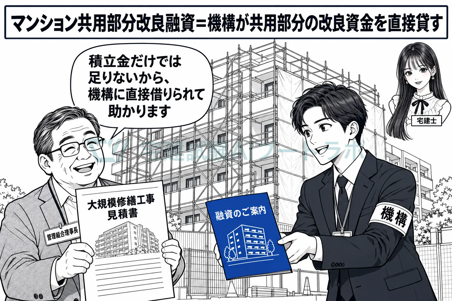 外壁や給水管の大規模修繕の資金を、機構が管理組合に直接貸す。