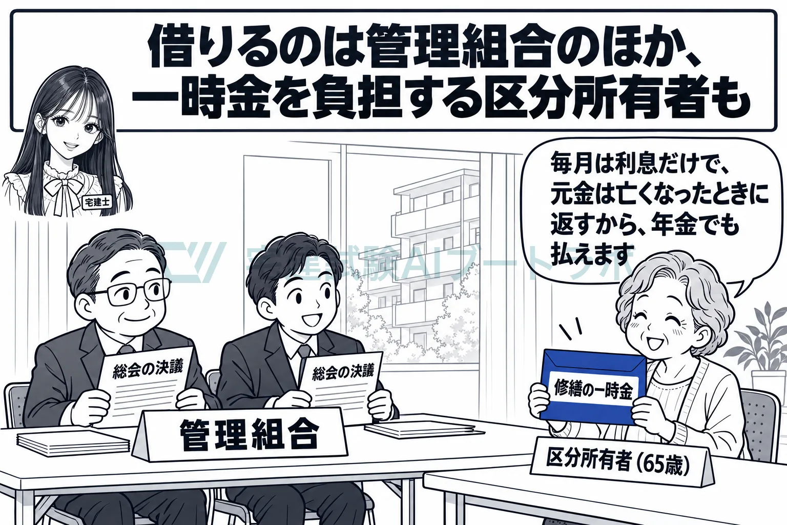 管理組合が借りるほか、一時金を負担する区分所有者も借りられる。