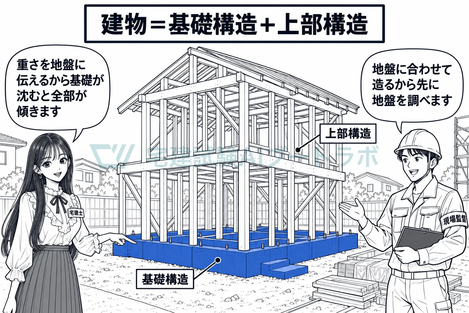 基礎は建物の重さを地盤に伝える部分だから、建物は基礎構造と上部構造に分かれる。