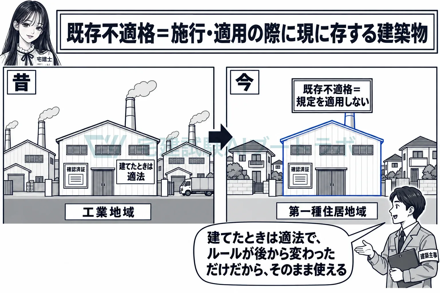 建てたときは適法だった工場は、用途地域が変わっても操業を続けられる。