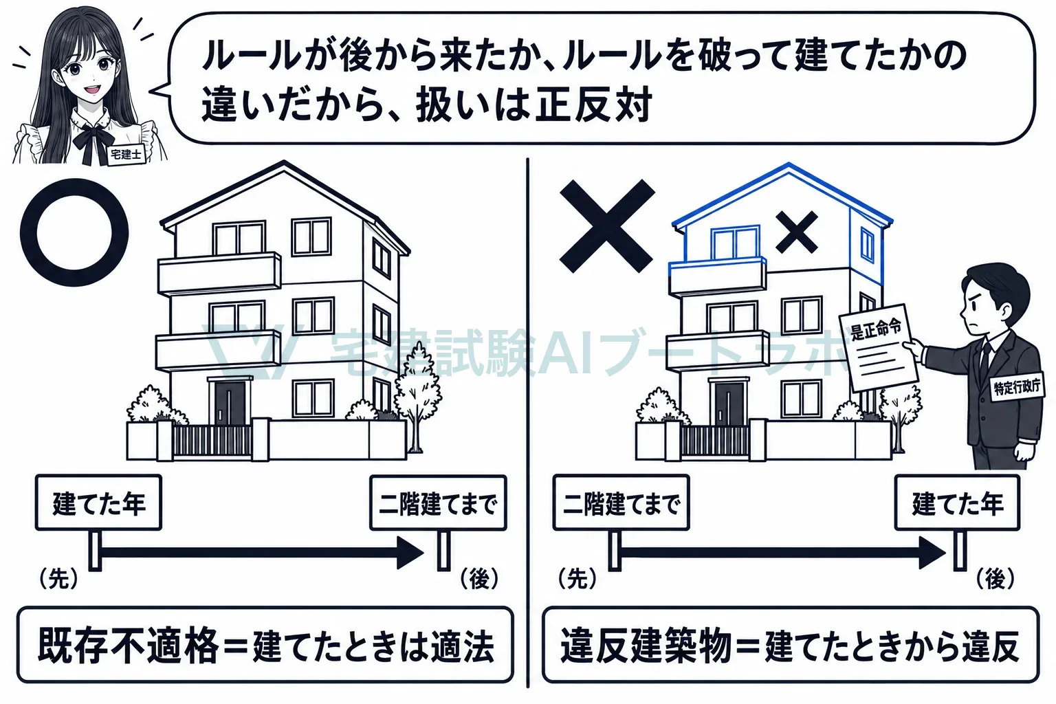 ルールが後から来たのが既存不適格、ルールを破って建てたのが違反建築物。