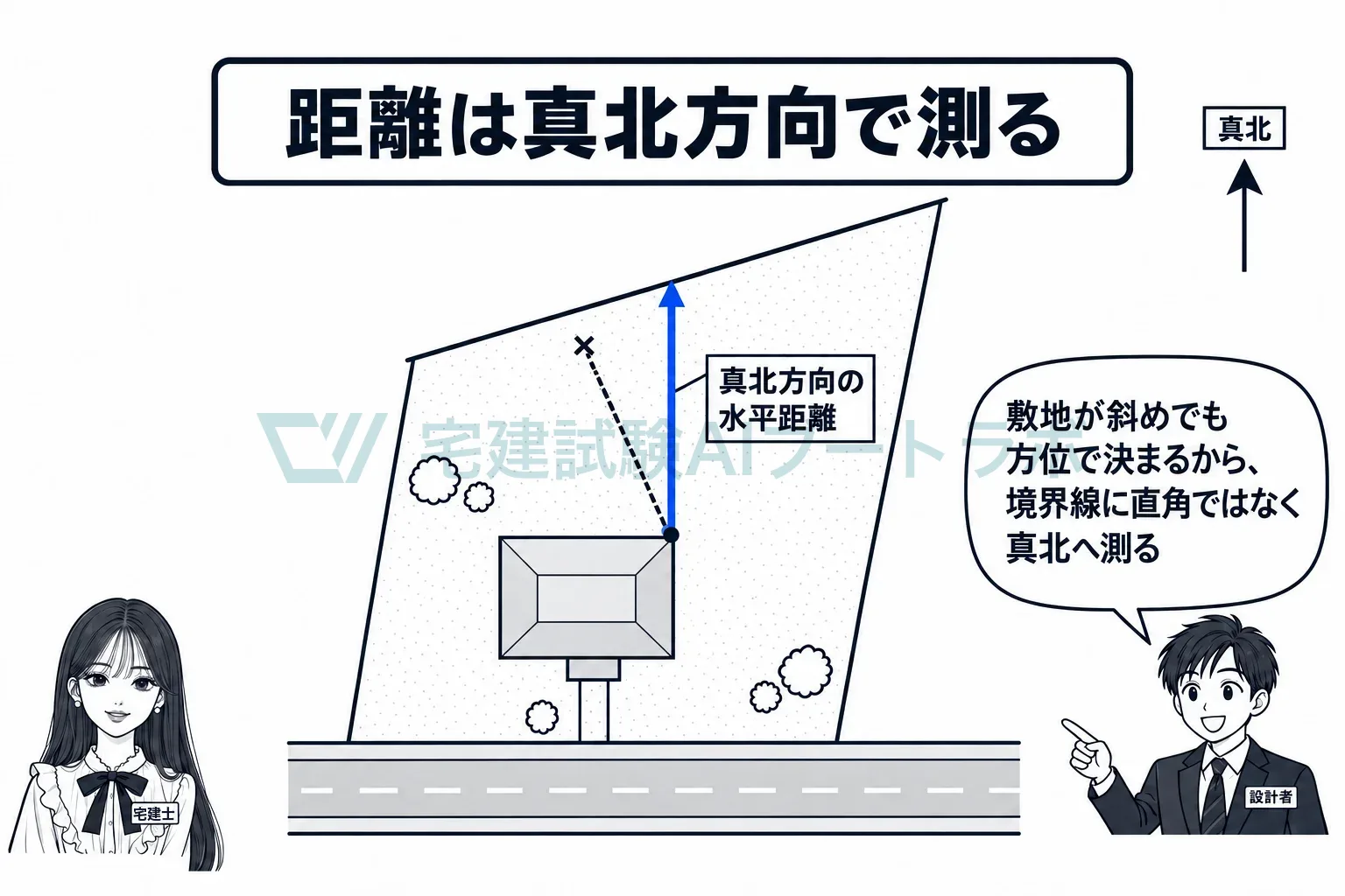 距離は境界線と直角ではなく、真北の方位で測る。