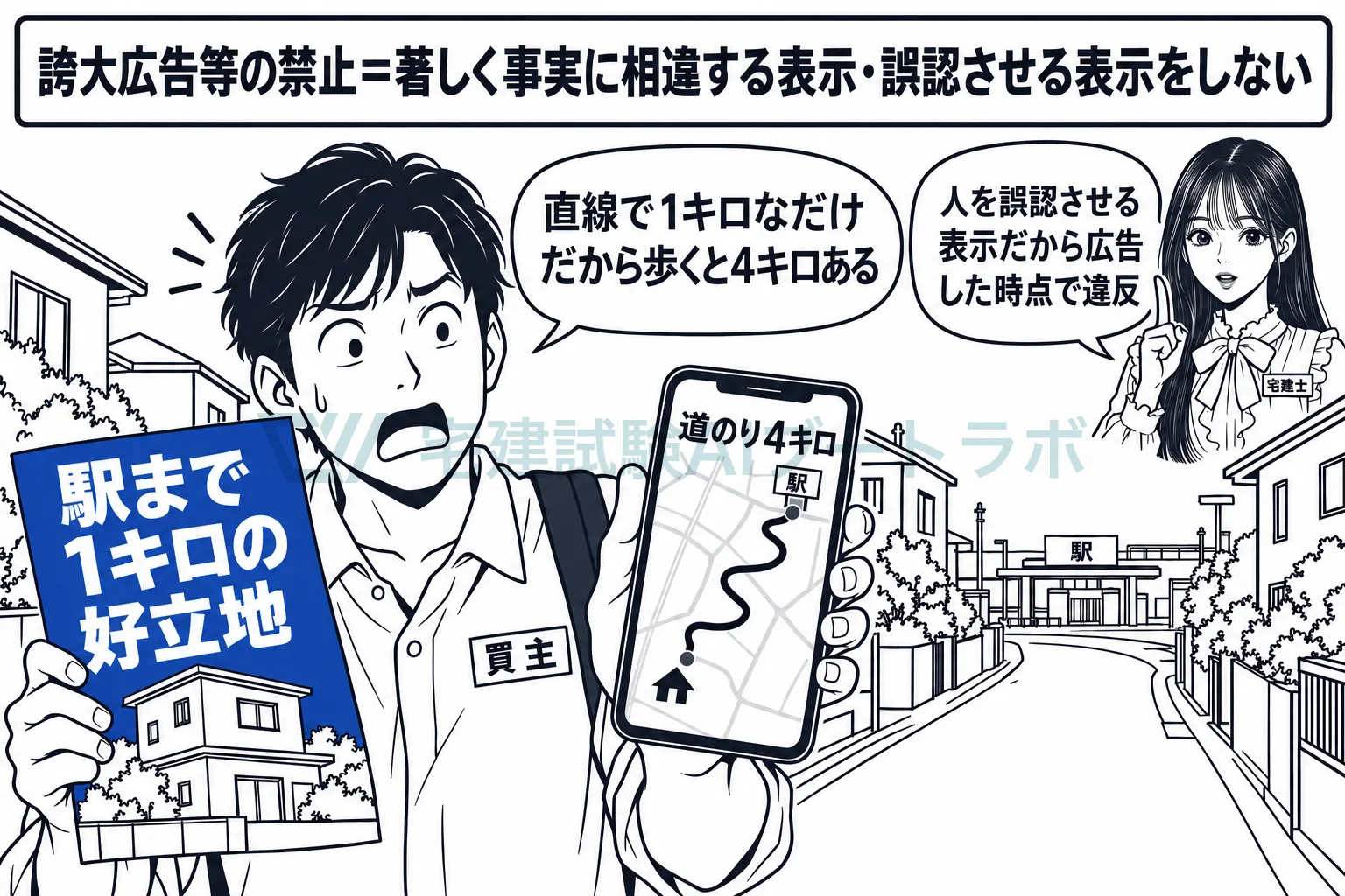 道のり4キロを「駅まで1キロ」と書けば誇大広告。