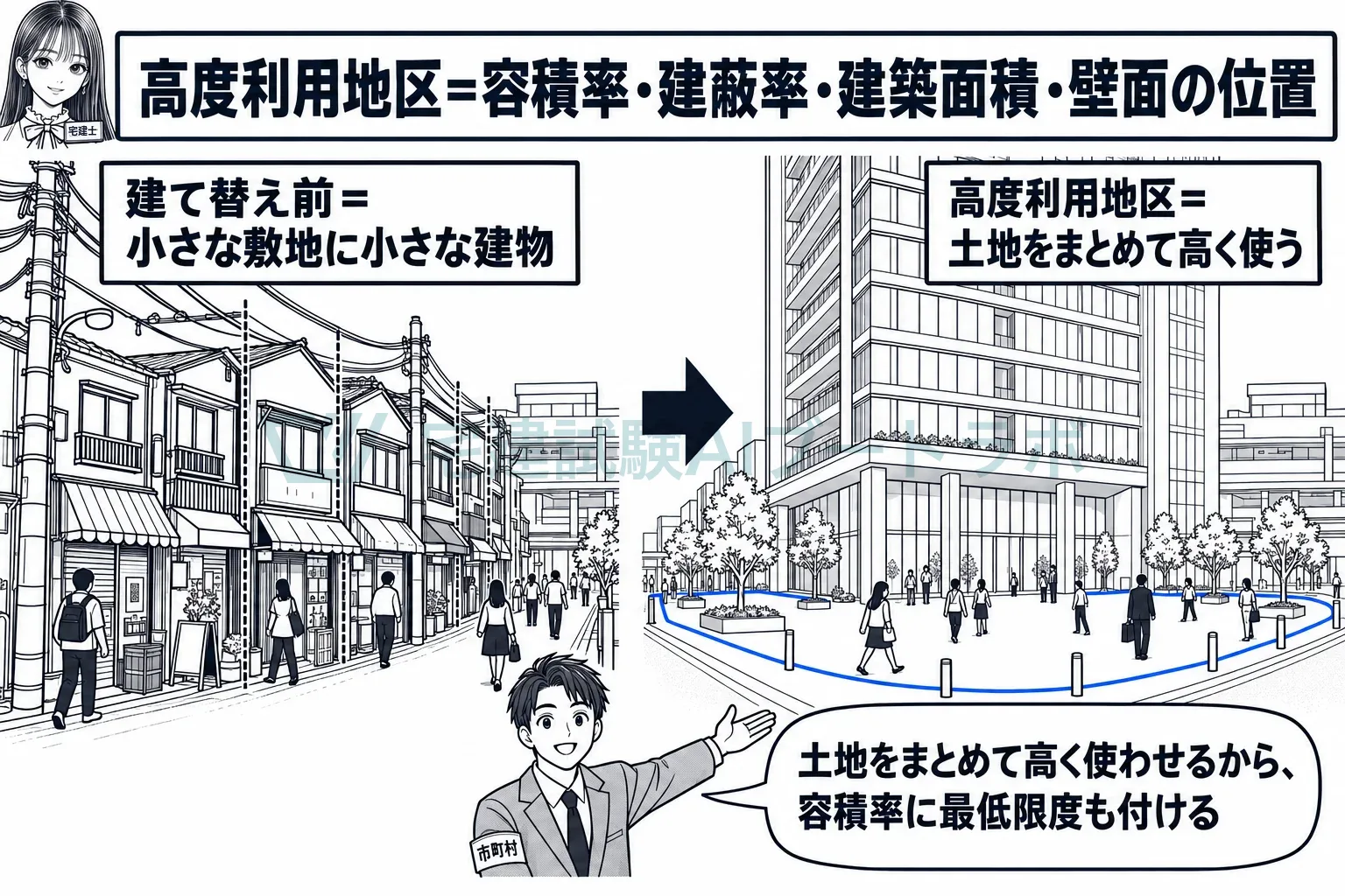 細かい古い建物をまとめて建て替え、大きな建物と足元の空地を生む。