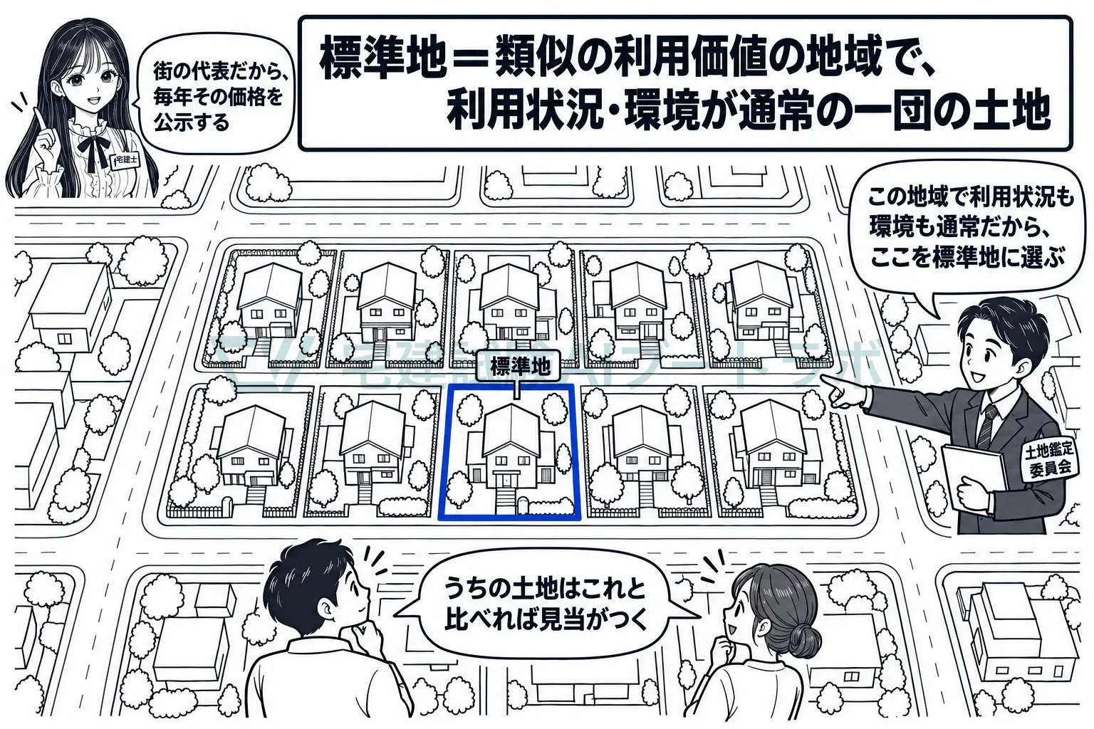 街の中でごく普通の一区画を選ぶから、周りの土地の目安になる。
