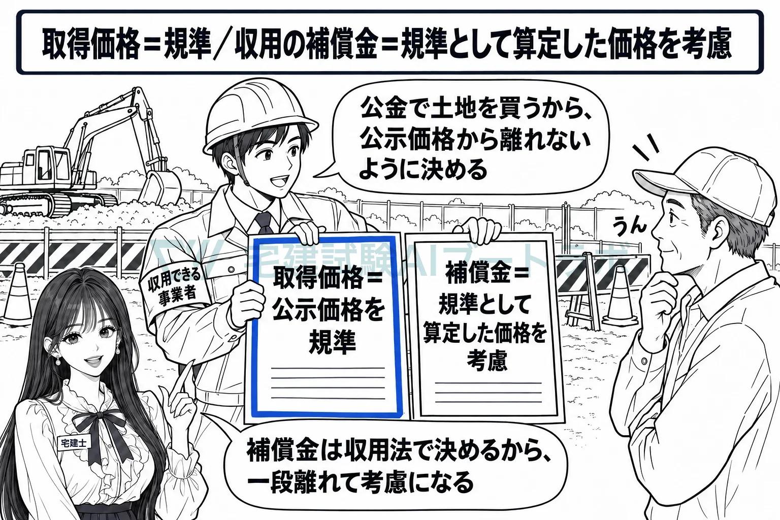 公金で土地を買うから取得価格は規準、補償金は規準とした価格を考慮する。