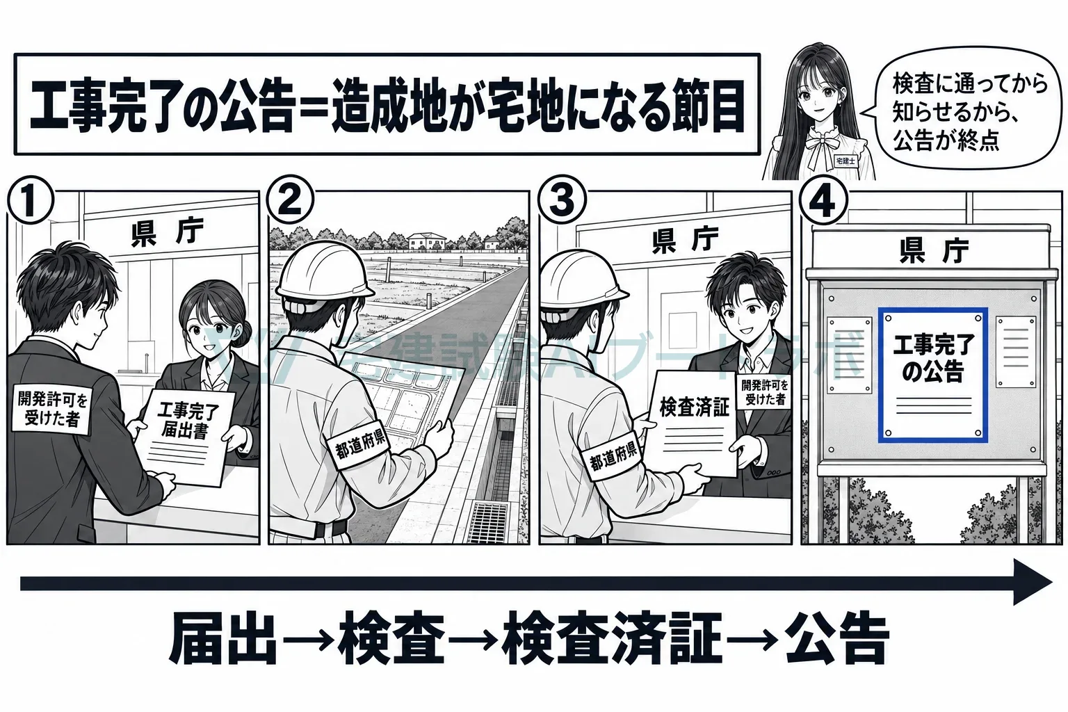 届出、検査、検査済証、公告の順で、造成地が宅地になる。