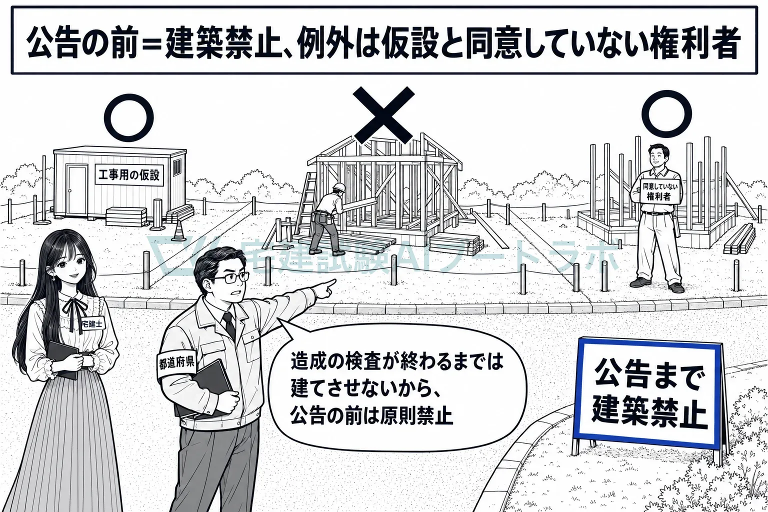 公告の前に建ててよいのは、工事用の仮設と、同意していない権利者だけ。