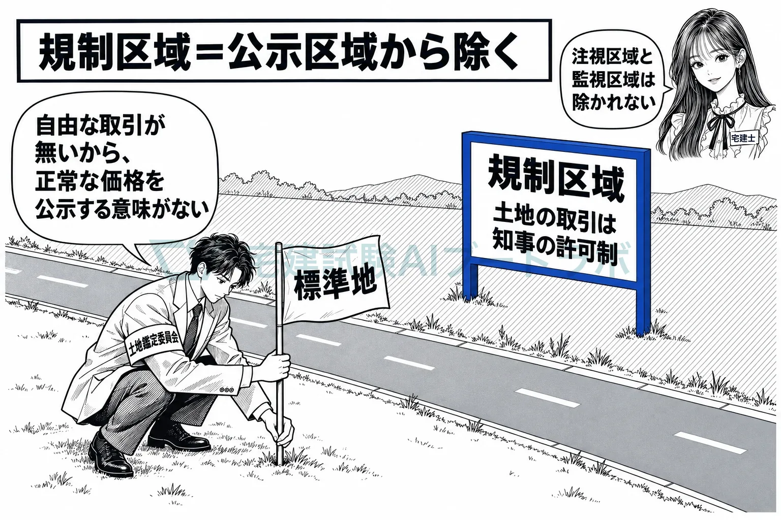 規制区域では取引が許可制で自由な取引が無いから、標準地を置かない。