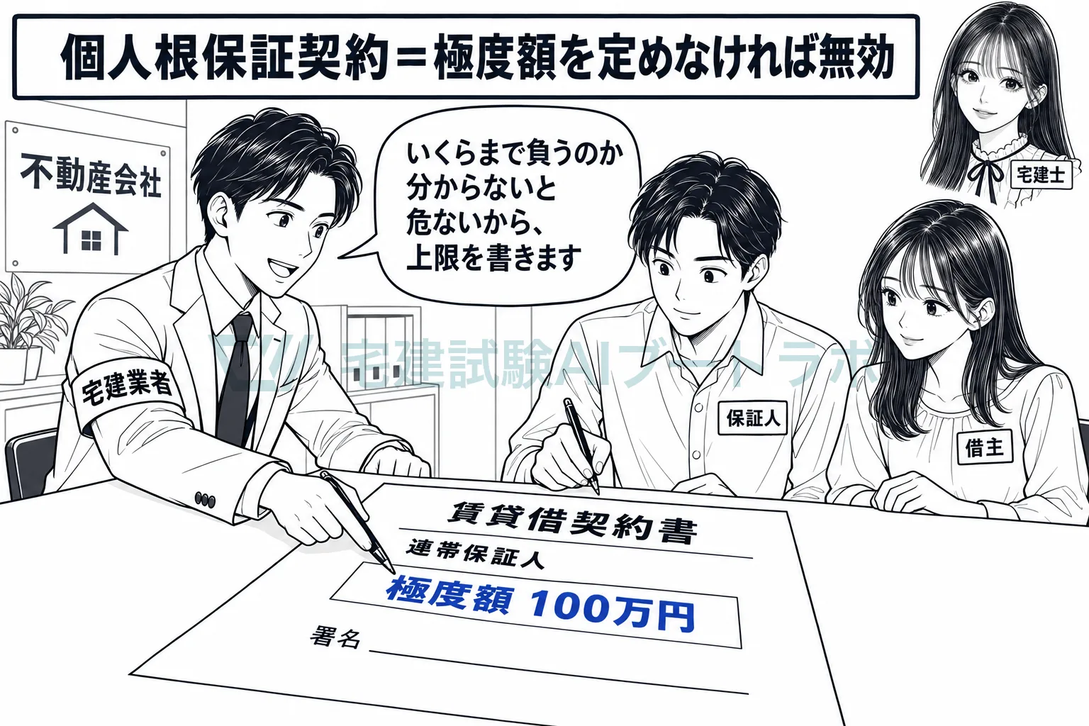 個人が賃貸借の一切の債務を保証するには、極度額を書面で定める。