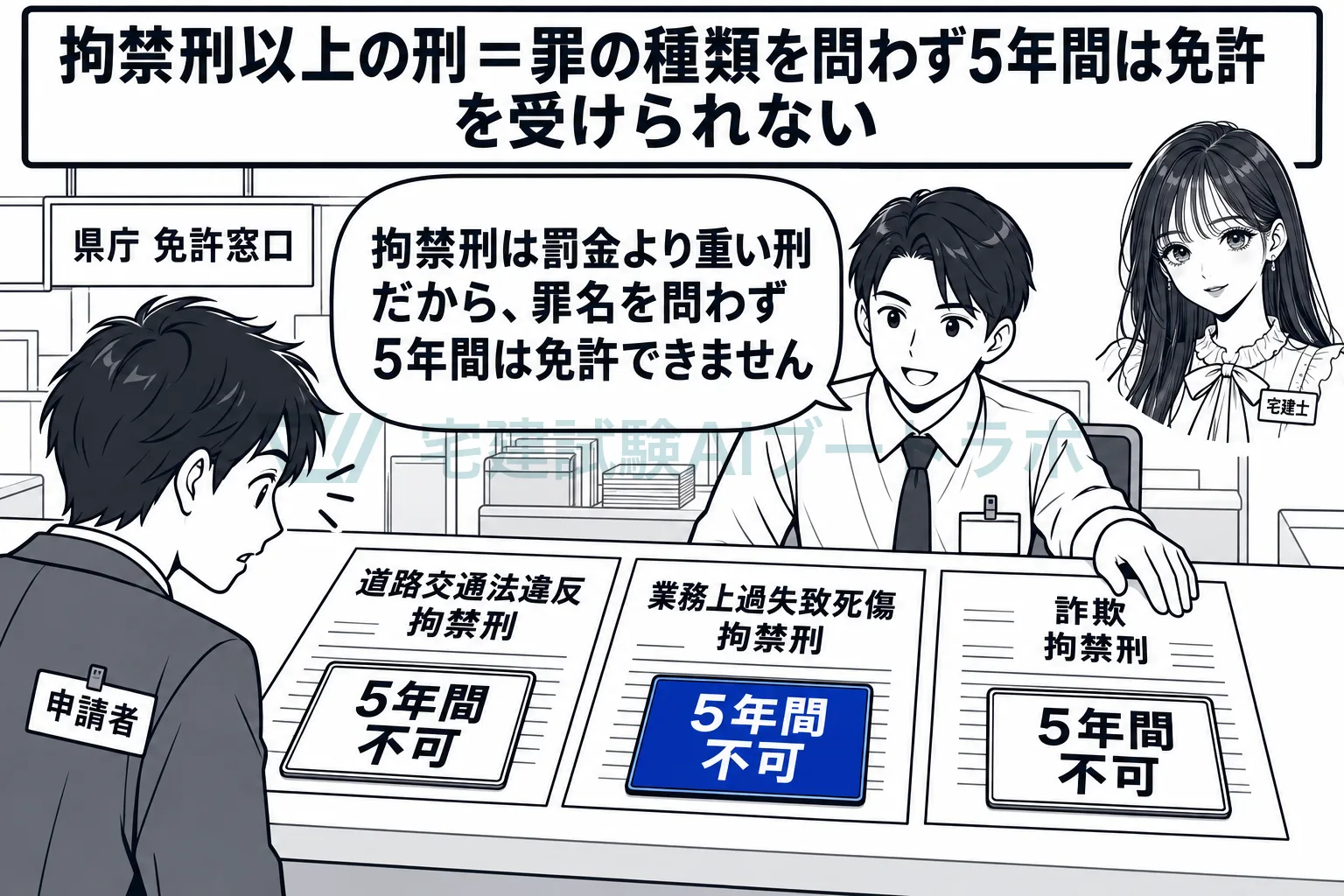 拘禁刑以上の刑なら、罪の種類を問わず5年間は免許を受けられない。