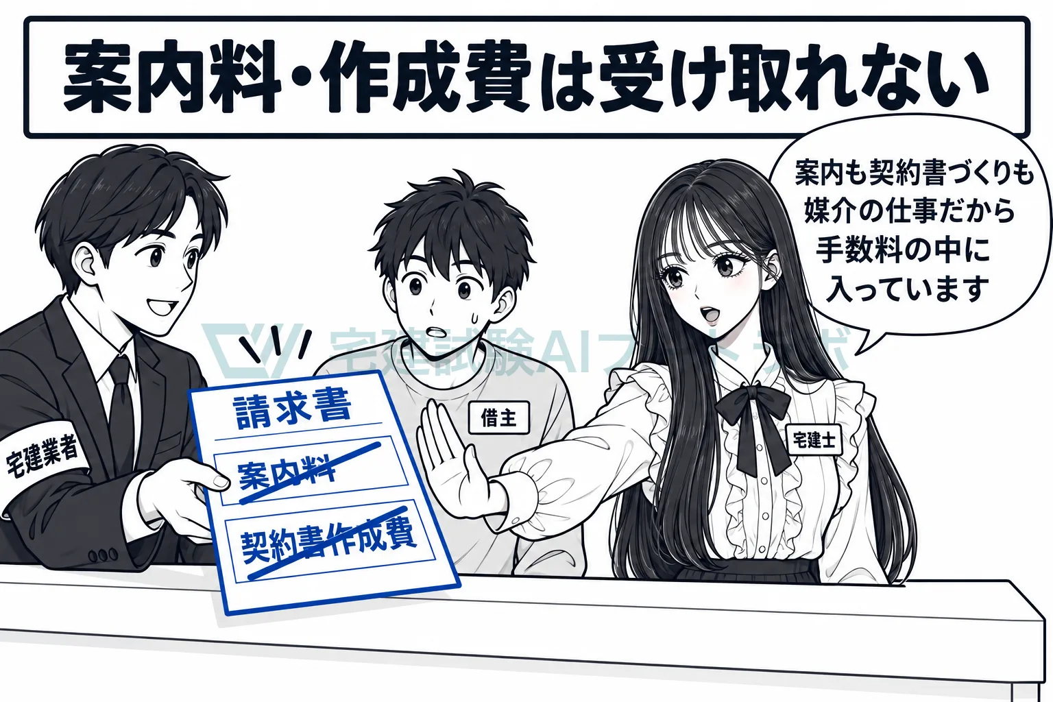 案内料や契約書の作成費は、名目を変えても受け取れない。