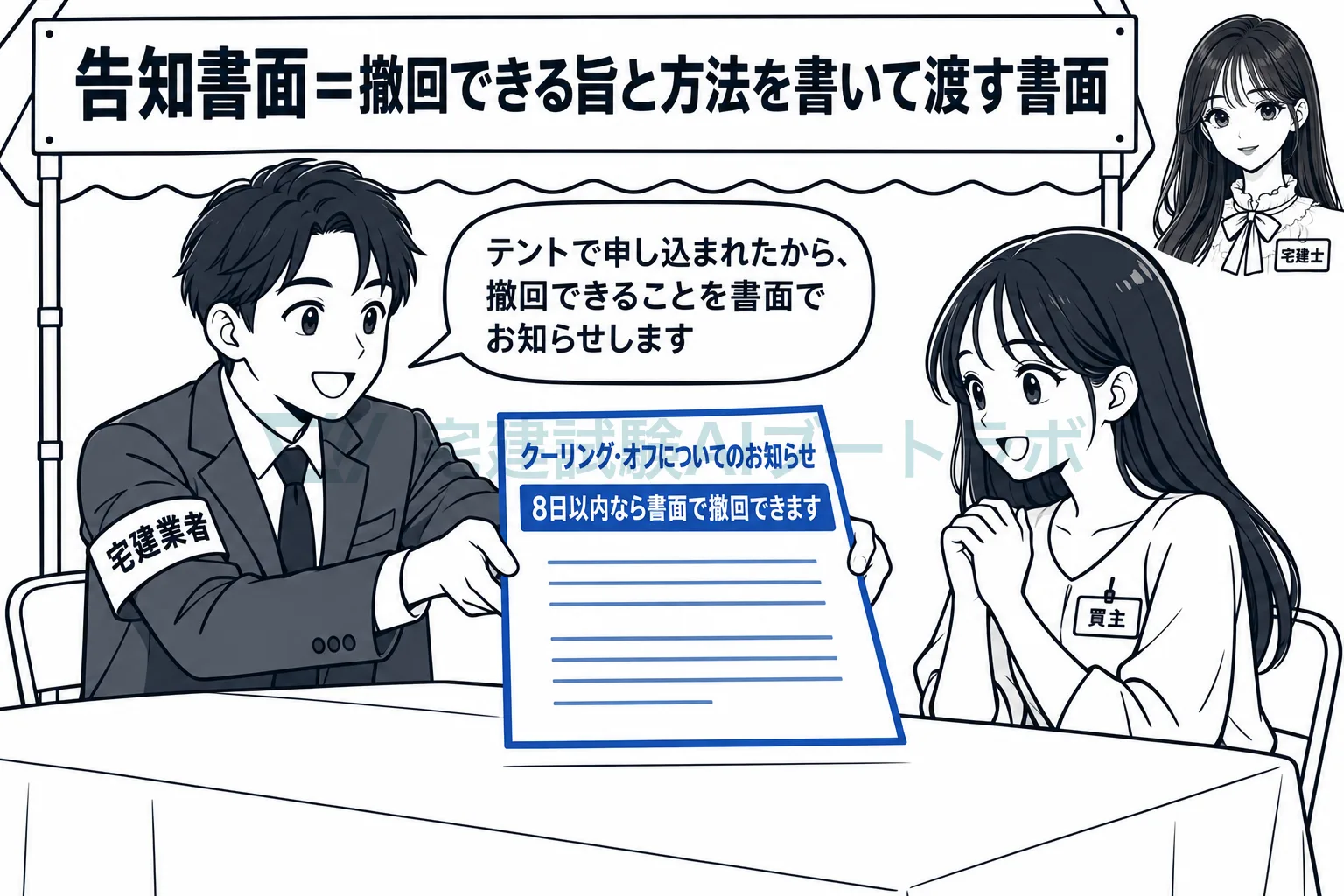 撤回できることと、その方法を、売主の業者が書面を渡して告げる。