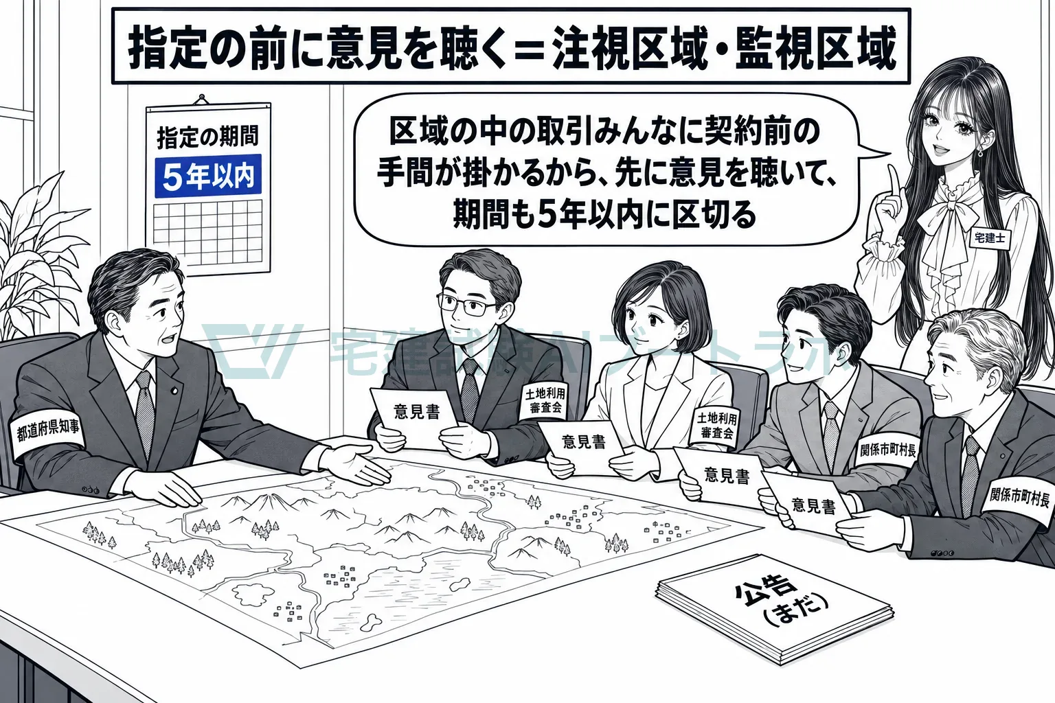 指定の前に審査会と市町村長の意見を聴き、期間は5年以内。