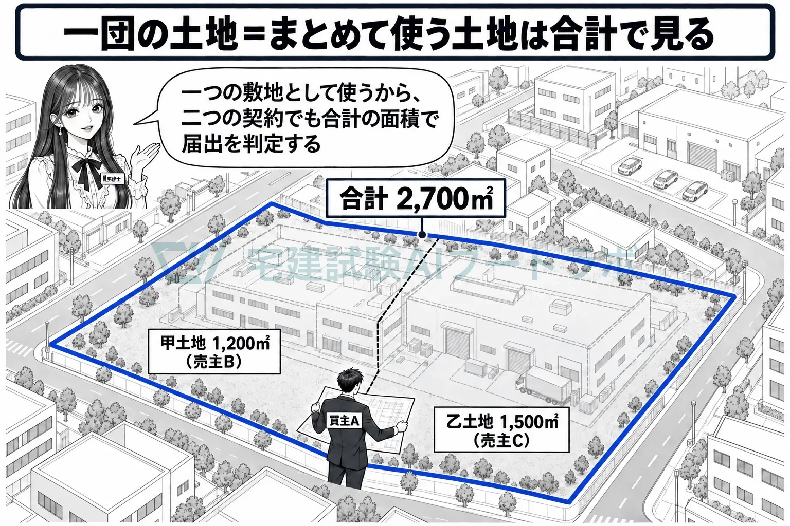 二つの契約でも、一つの敷地として使うなら合計面積。