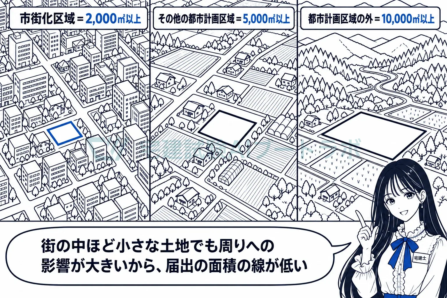 街の中ほど、届出が要る面積の線は低い。