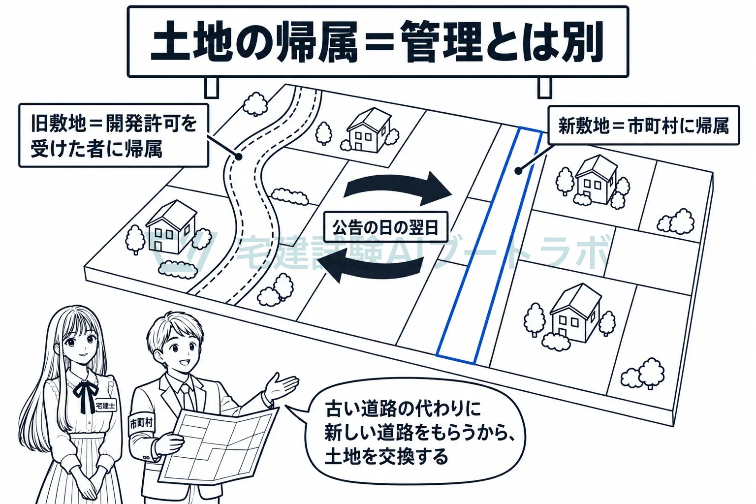 付け替えなら、古い道路の土地は業者へ、新しい道路の土地は市町村へ。