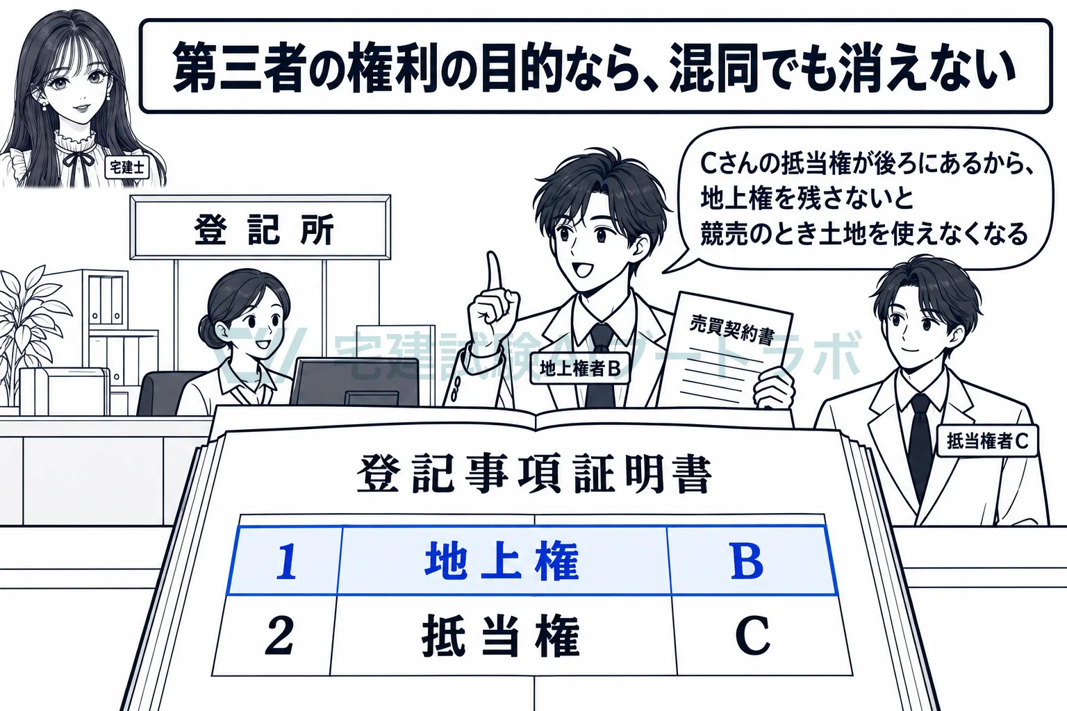 後順位の抵当権があるから、土地を買っても先に登記した地上権は残る。