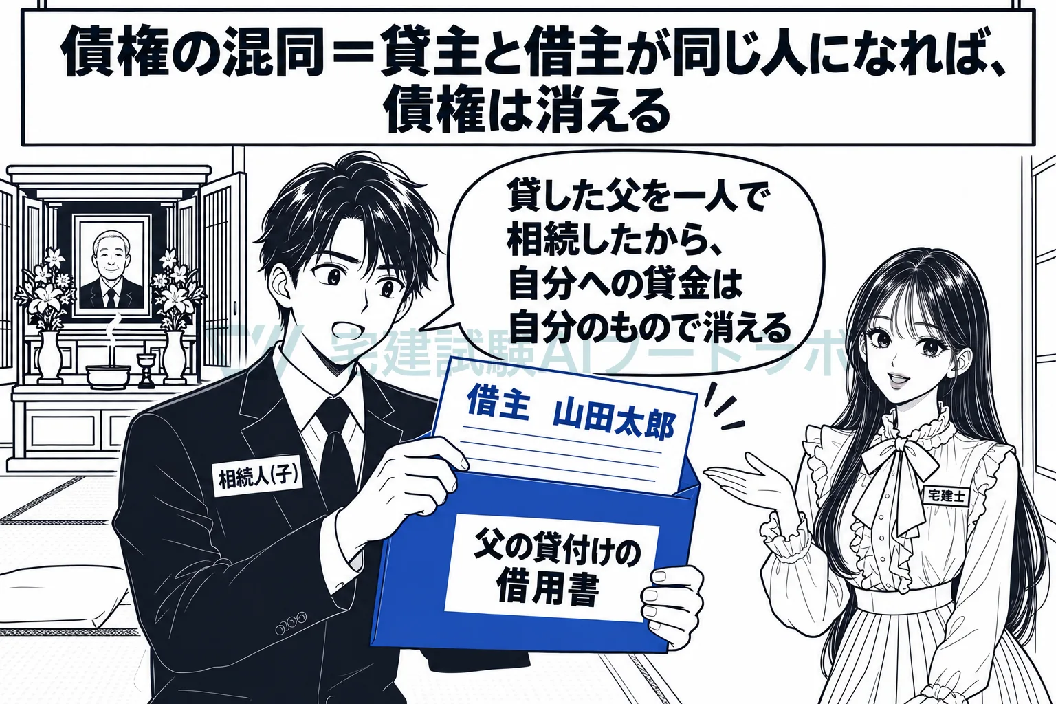 貸主の父を一人で相続した子は、自分への貸金の債権も受け継ぐから債権が消える。