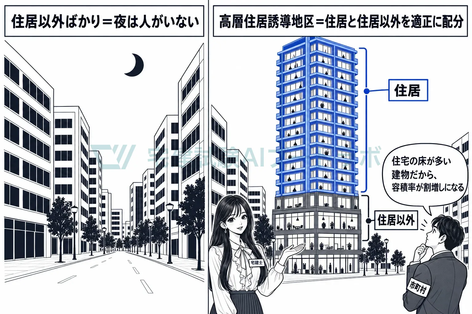 都心に、住宅を多く含む高層の建物を呼び込む。