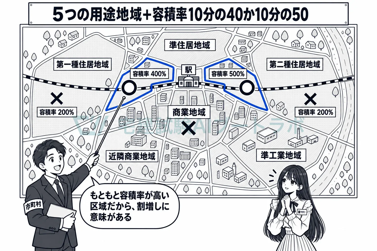 5つの用途地域のうち、容積率が10分の40か10分の50と定められた区域だけ。
