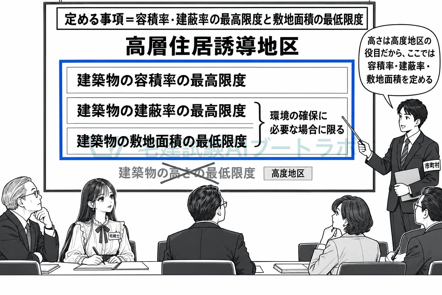 定めるのは容積率と建蔽率の最高限度と敷地面積の最低限度で、高さの限度は高度地区の事項。