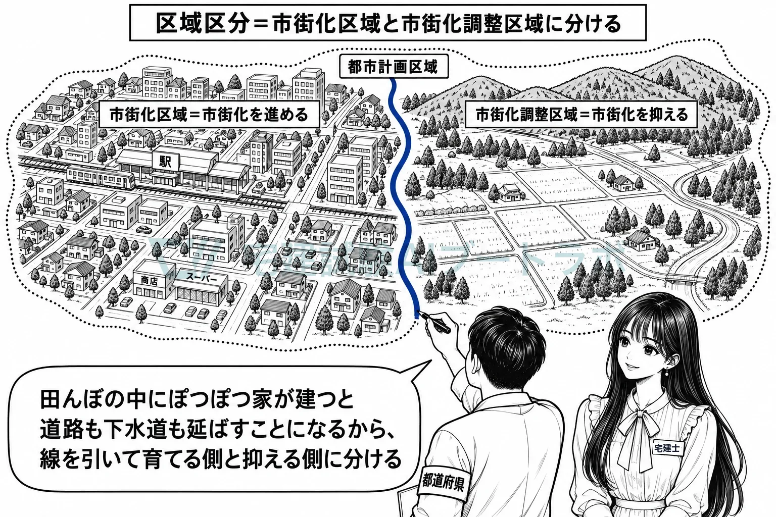 都市計画区域の中に線を引き、育てる側と抑える側に分ける。