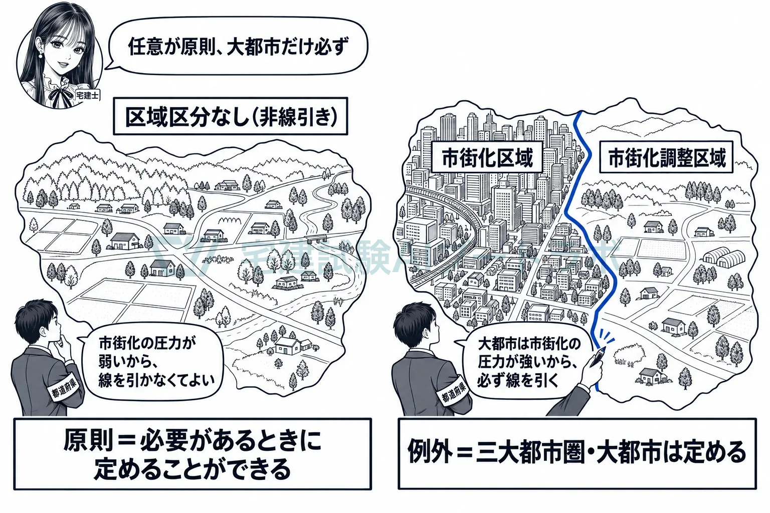 地方の区域は線を引かなくてよく、大都市の区域は必ず引く。