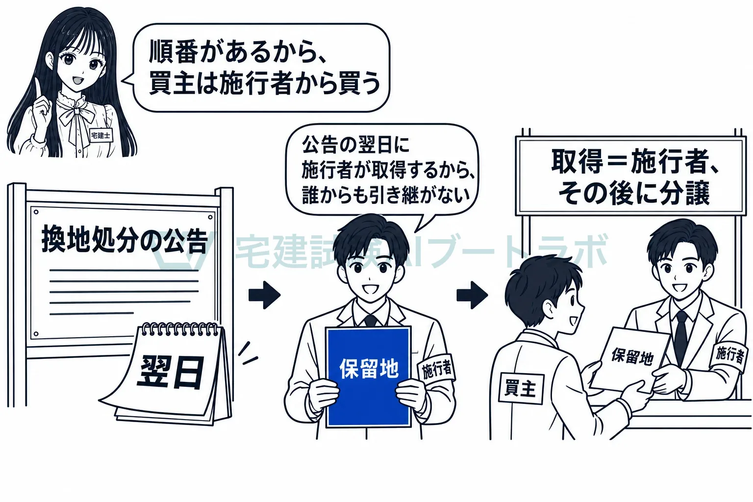 公告の翌日に施行者が取得し、その後に買主へ。