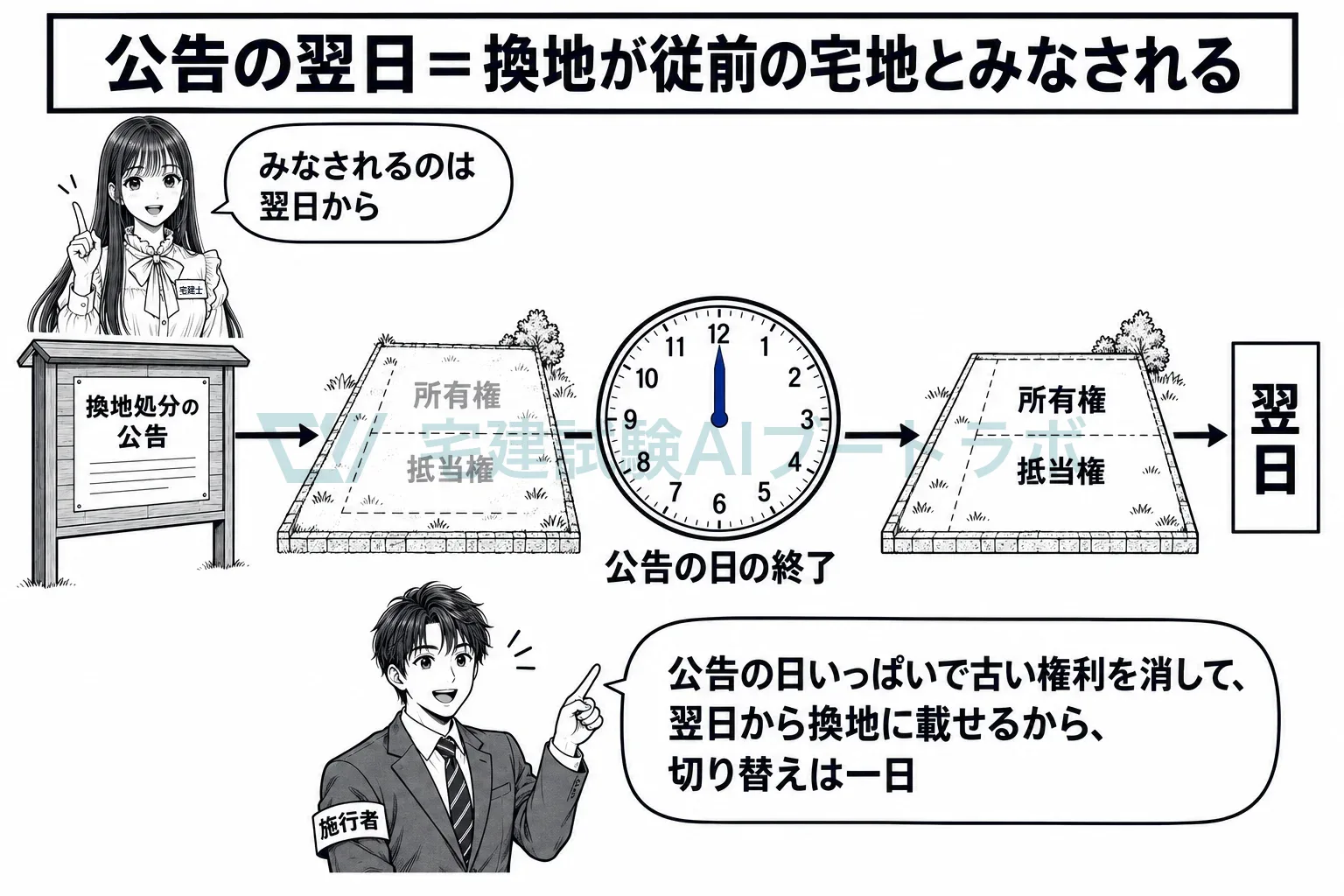 公告の日が終わった時に古い権利が消え、翌日から換地が従前の宅地になる。