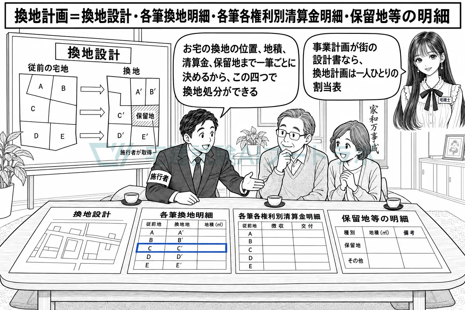 換地計画の四つの中身。図面、一筆ごとの表、清算金の表、保留地。