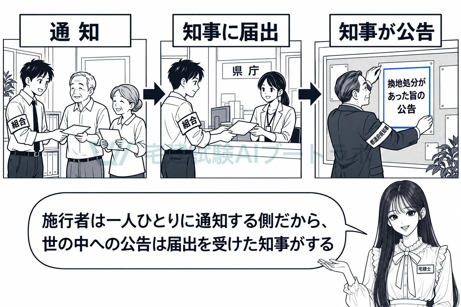 施行者は通知して知事に届け出る。公告するのは知事。