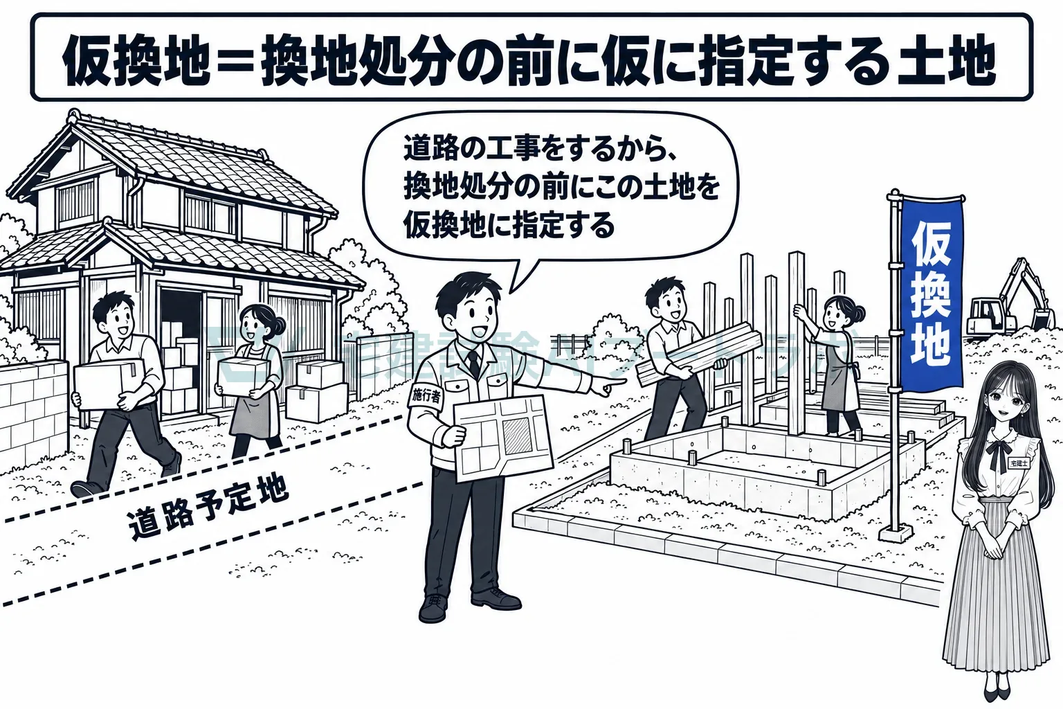 道路の予定地の家は、換地処分を待たずに仮換地へ移る。
