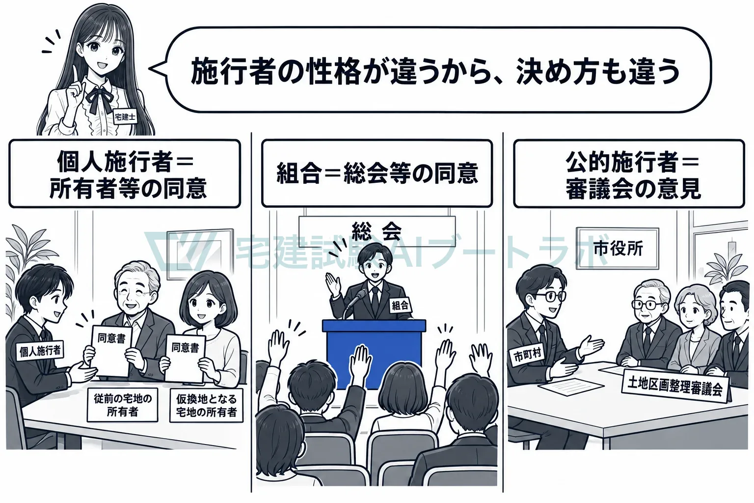 個人は当事者の同意、組合は総会の同意、役所は審議会の意見。