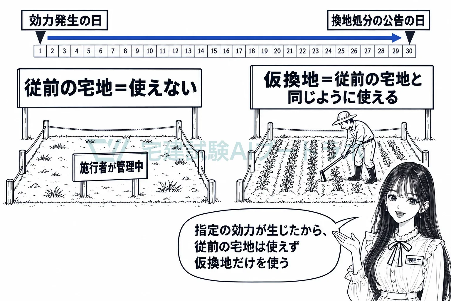 効力発生の日から公告の日まで、使えるのは仮換地だけ。