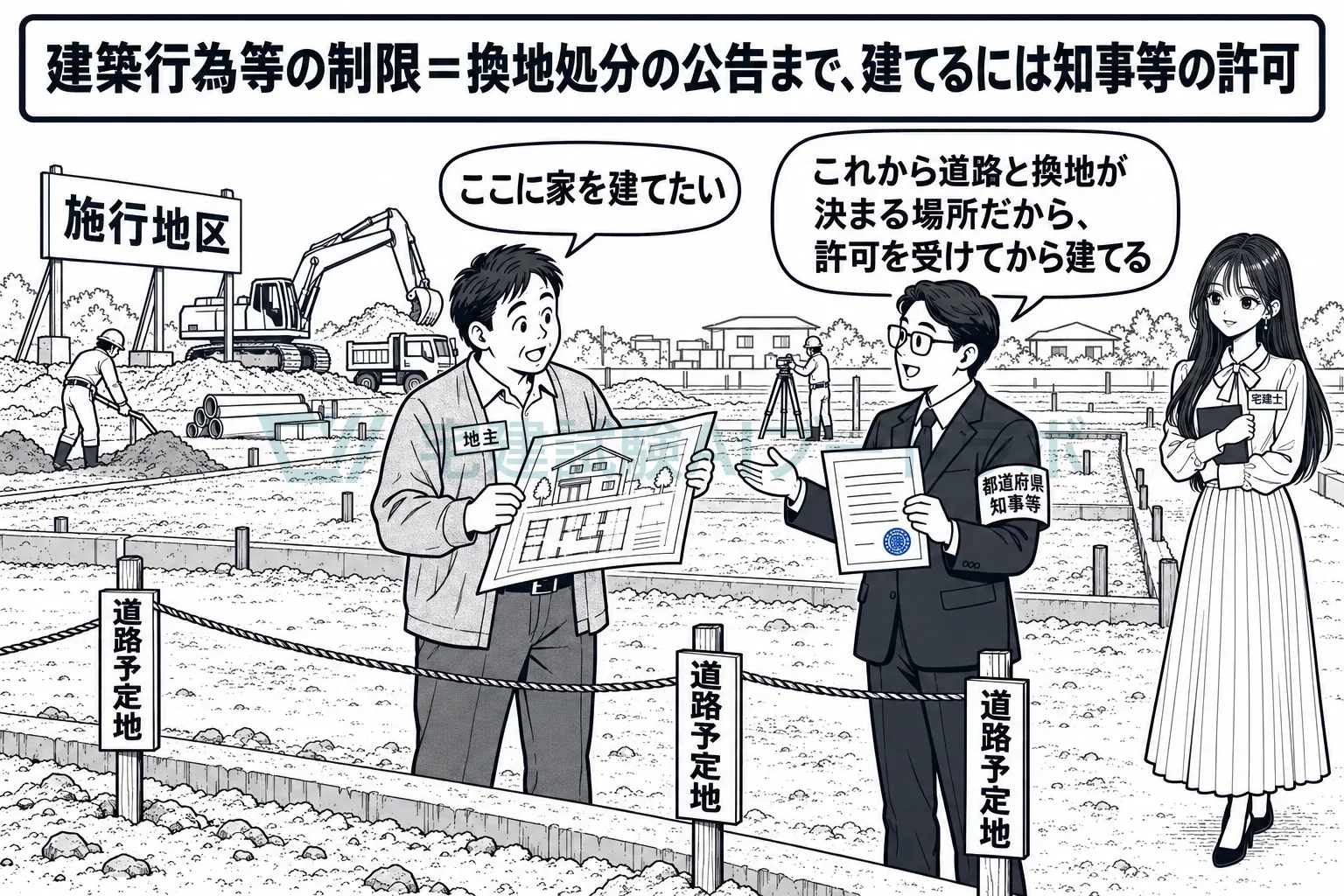 施行地区の中では、換地処分の公告まで、建てるには知事等の許可が要る。