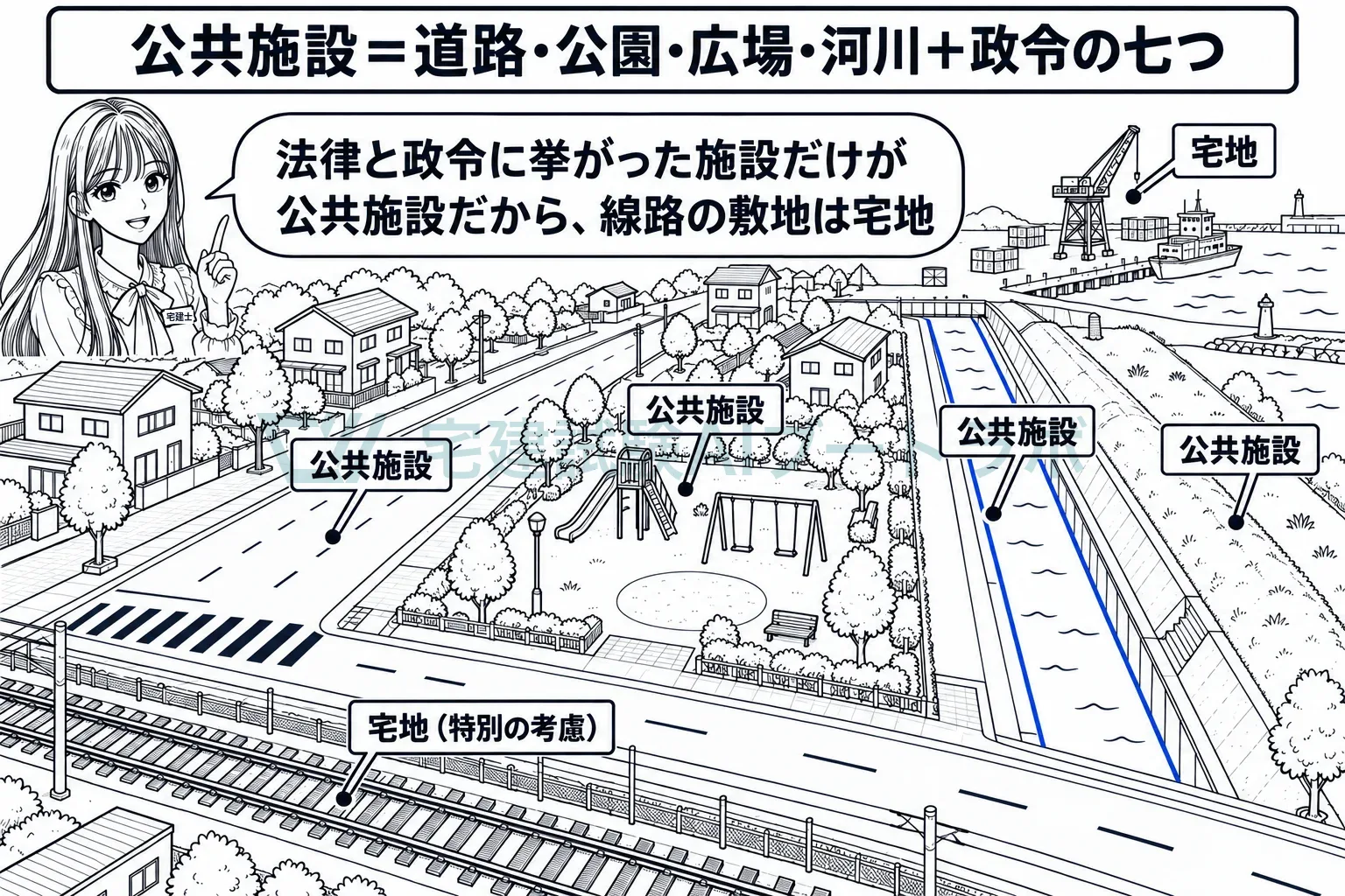道路・公園・水路は公共施設。鉄道の用地は宅地。