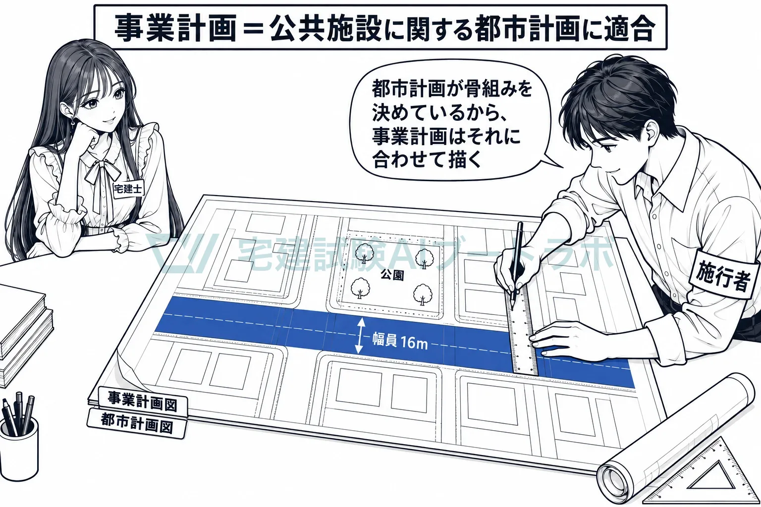 都市計画が決めた道路の幅に合わせて、区画整理の事業計画を描く。