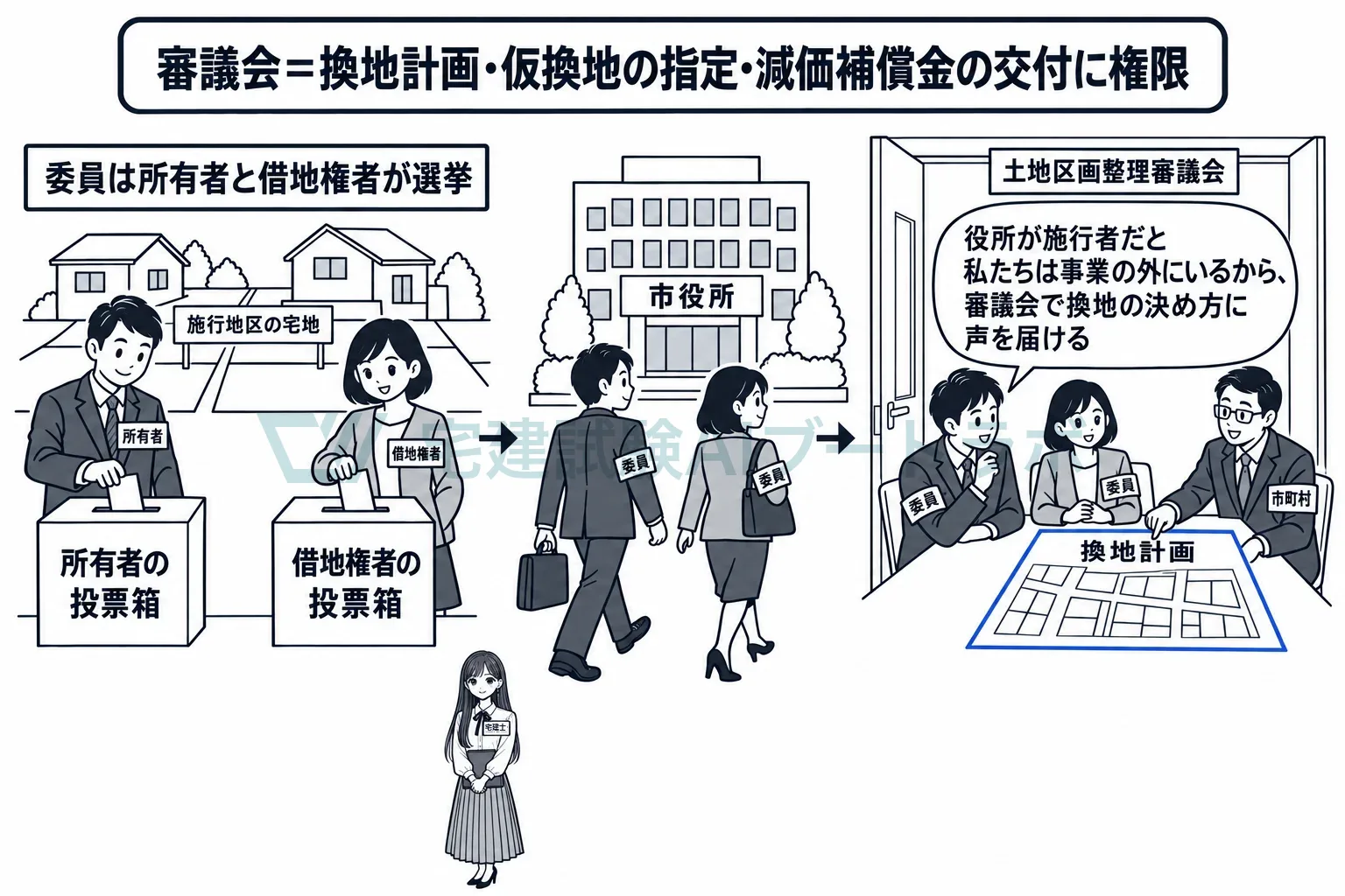 施行地区の所有者と借地権者が委員を選び、その委員が市役所で換地の決め方に声を届ける。