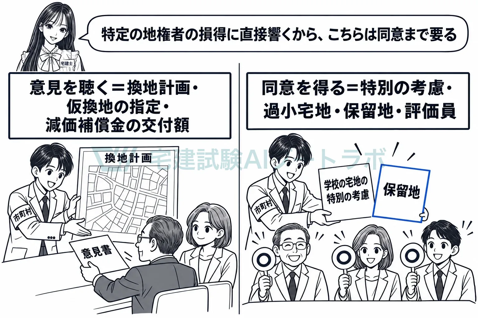 換地計画や仮換地の指定は意見を聴く、特別の考慮や保留地は同意を得る。