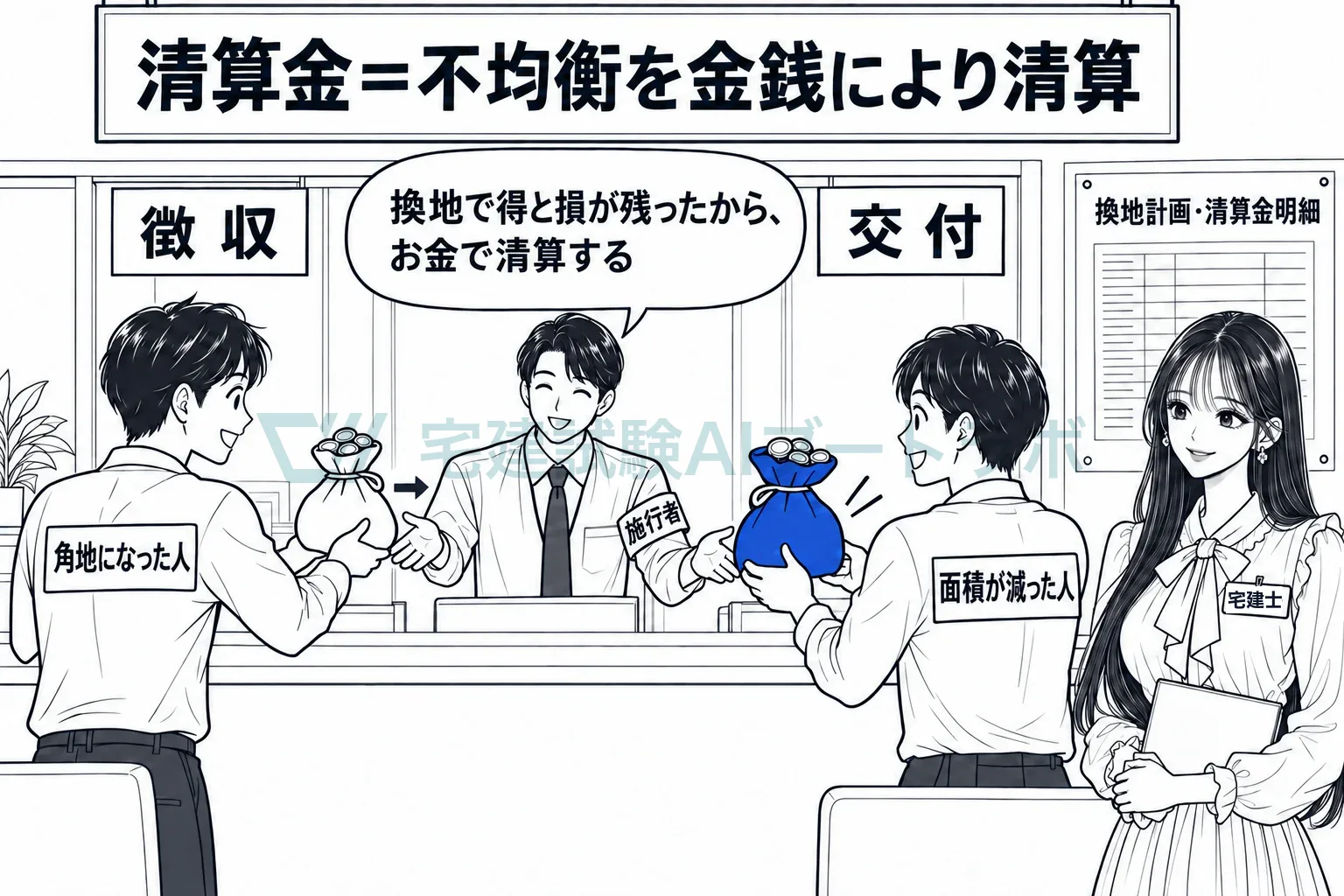 得をした人から徴収し、損をした人に交付して釣り合わせる。